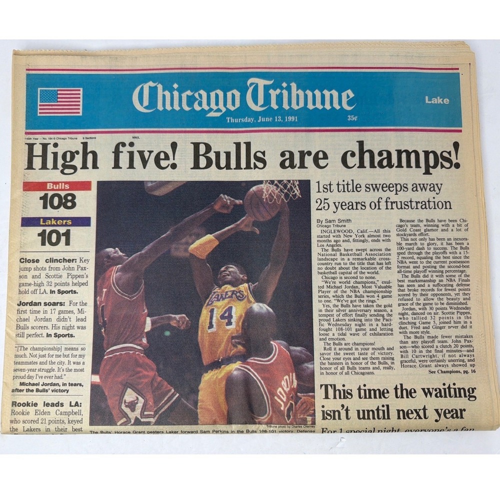 Chicago Tribune June 13 91 Chicago Bulls First NBA Championship Newspaper Jordan